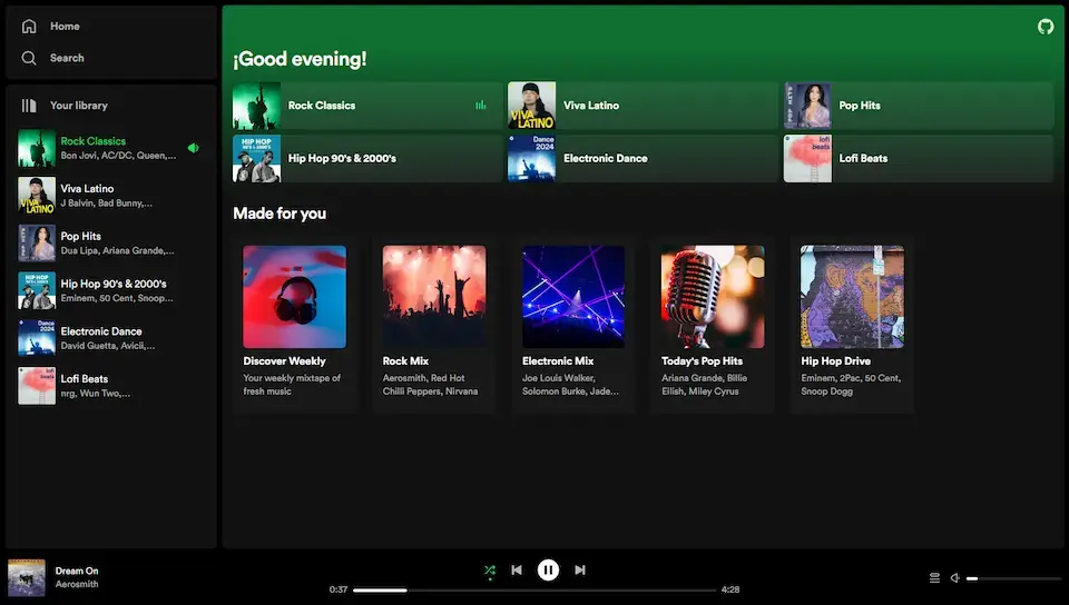 Home screen of Spotify Clone